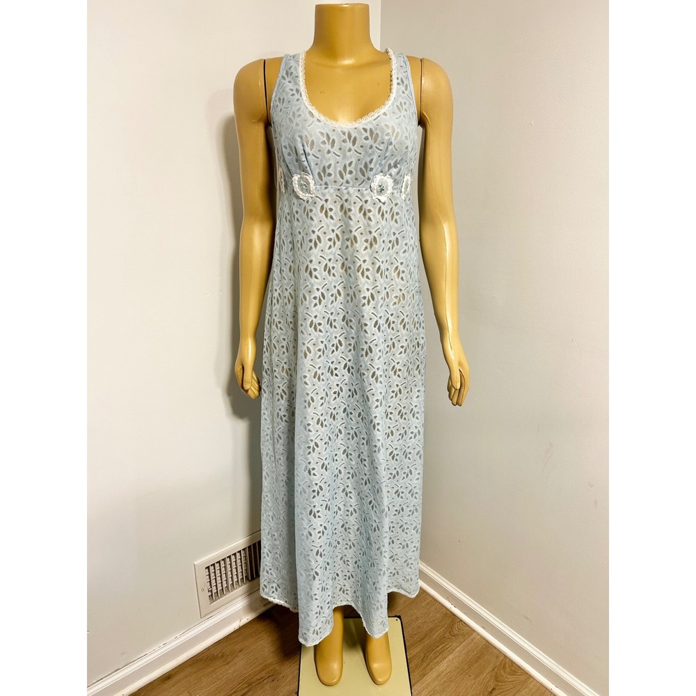 Vintage Suzy Star Blue Floral Lace Maxi Nightgown Empire Waist 13